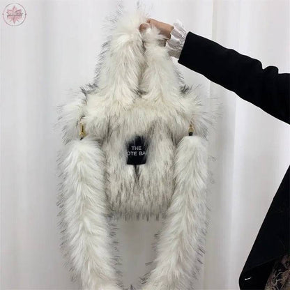 Crossbody Tote Bag Imitation Raccoon Fur Grass Plush Large Capacity Tote Bag Personalized Retro - Lamiiche