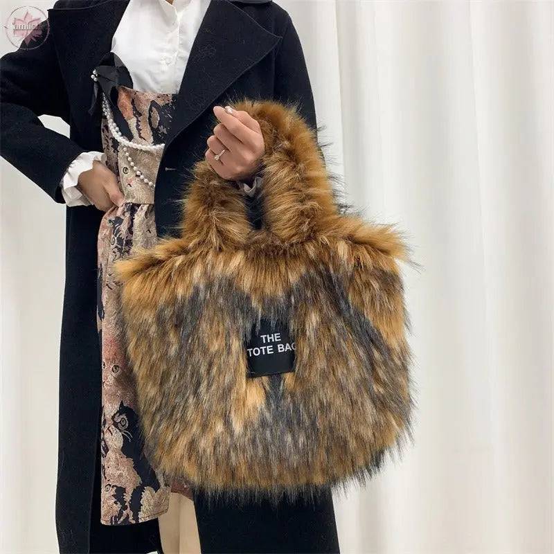 Crossbody Tote Bag Imitation Raccoon Fur Grass Plush Large Capacity Tote Bag Personalized Retro - Lamiiche