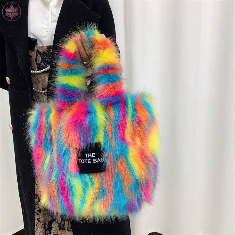 Crossbody Tote Bag Imitation Raccoon Fur Grass Plush Large Capacity Tote Bag Personalized Retro - Lamiiche