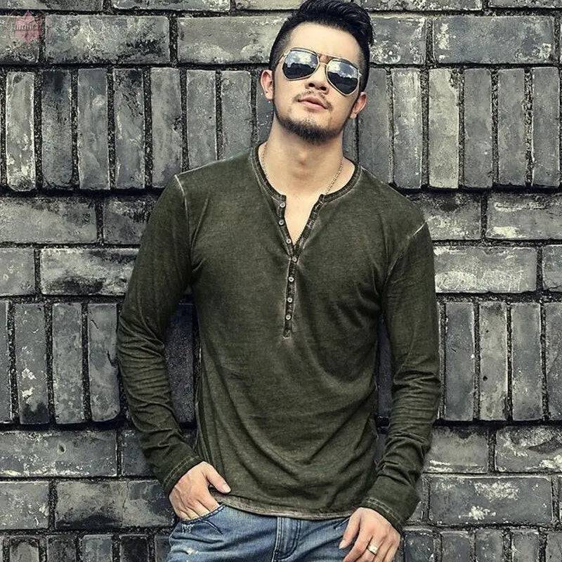 Brand Designer Men Cotton Vintage Henry T Shirts Casual Long Sleeve High quality Men old color Cardigan T shirt - Lamiiche