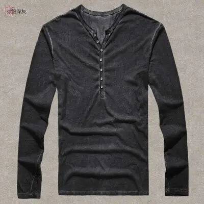 Brand Designer Men Cotton Vintage Henry T Shirts Casual Long Sleeve High quality Men old color Cardigan T shirt - Lamiiche