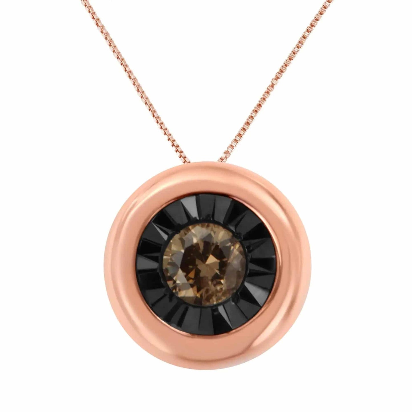 Black Rhodium over 10K Rose Gold 1/10 Carat Diamond Two Tone Round Miracle-Plate Solitaire 18” Pendant Necklace (Champagne Color, I2-I3 Clarity) - Lamiiche