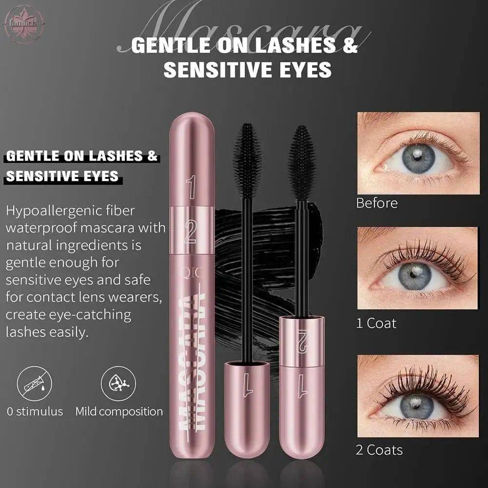 Double Head Black Mascara Waterproof Lengthens Extension Eyelashes Non-smudge Lengthening Volume 5D Silk Fiber Mascara Cosmetics - Lamiiche