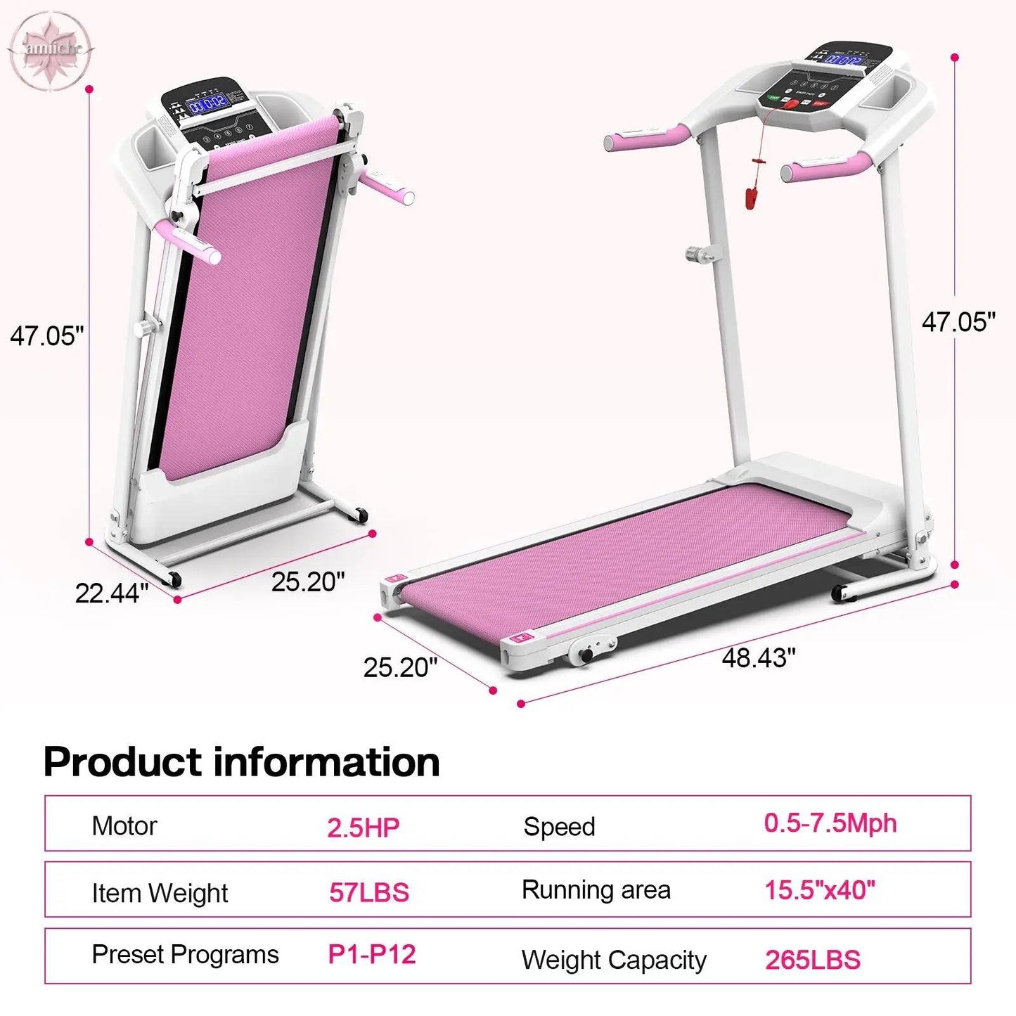 Foldable Treadmill 2.5HP Electric Folding Treadmill Running Walking Machine for Home Gym, Max 265 LBS Weight Capacity - Lamiiche