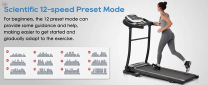 Home folding treadmill with pulse sensor, 2.5-horsepower silent brushless motor, 3-level tilt, 12 preset programs - Lamiiche