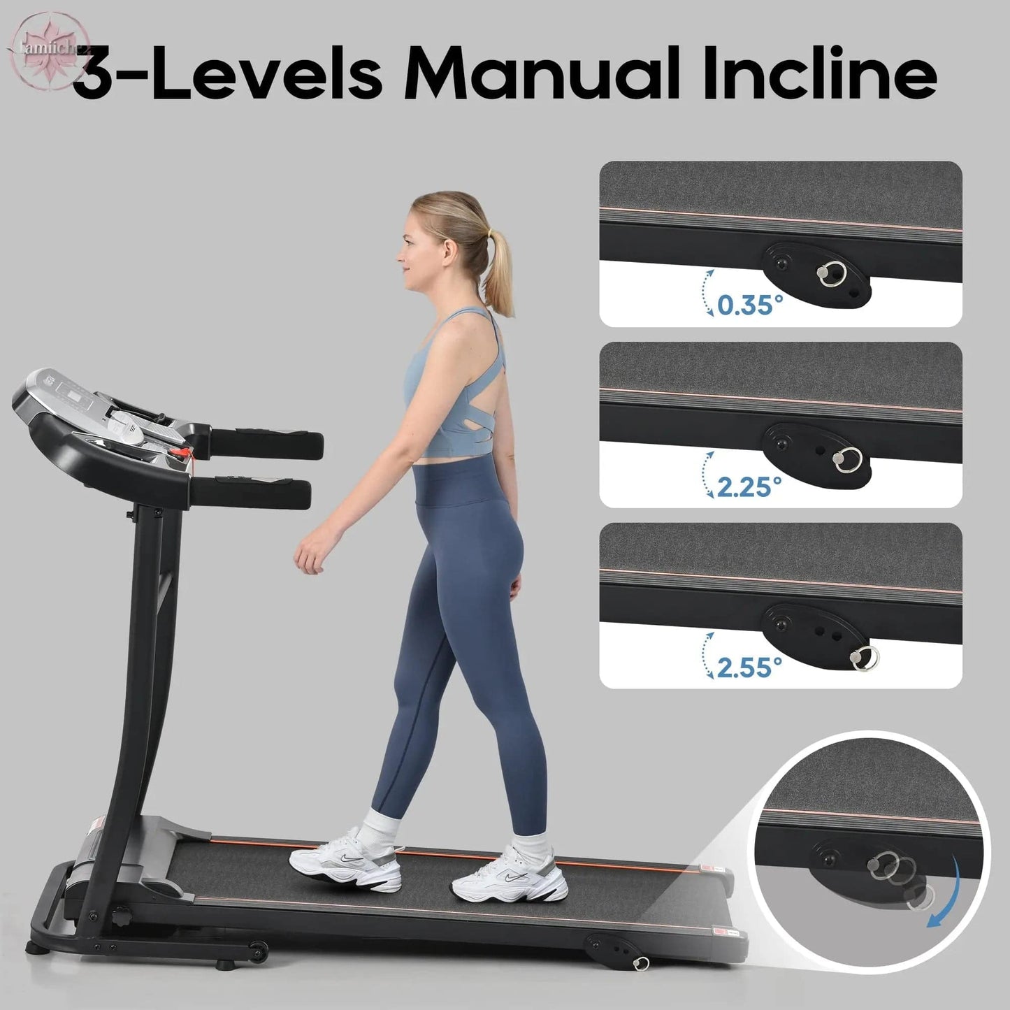 Home folding treadmill with pulse sensor, 2.5-horsepower silent brushless motor, 3-level tilt, 12 preset programs - Lamiiche