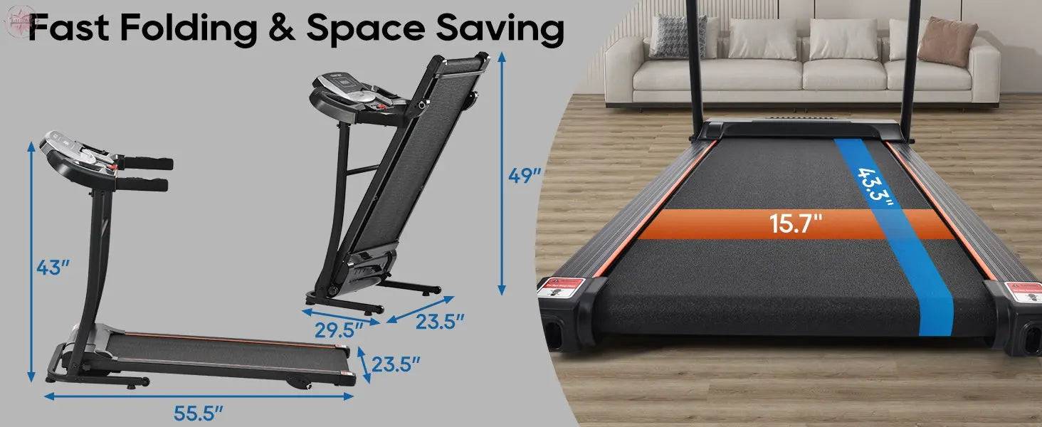 Home folding treadmill with pulse sensor, 2.5-horsepower silent brushless motor, 3-level tilt, 12 preset programs - Lamiiche