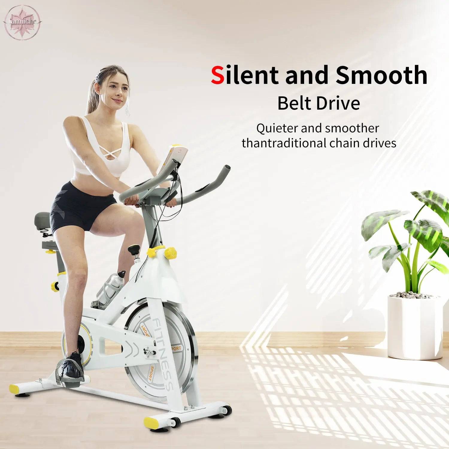 Indoor Exercise Bike Cycling Bike with Comfortable Seat Cushion Yellow+White - Lamiiche