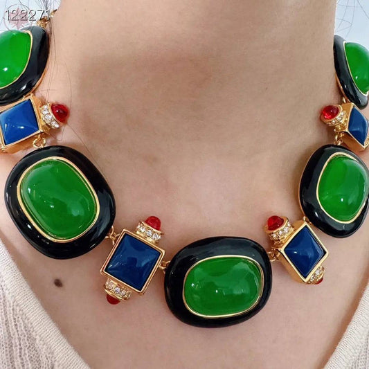 Medieval retro emerald glass exaggerated high-end niche necklace - Lamiiche