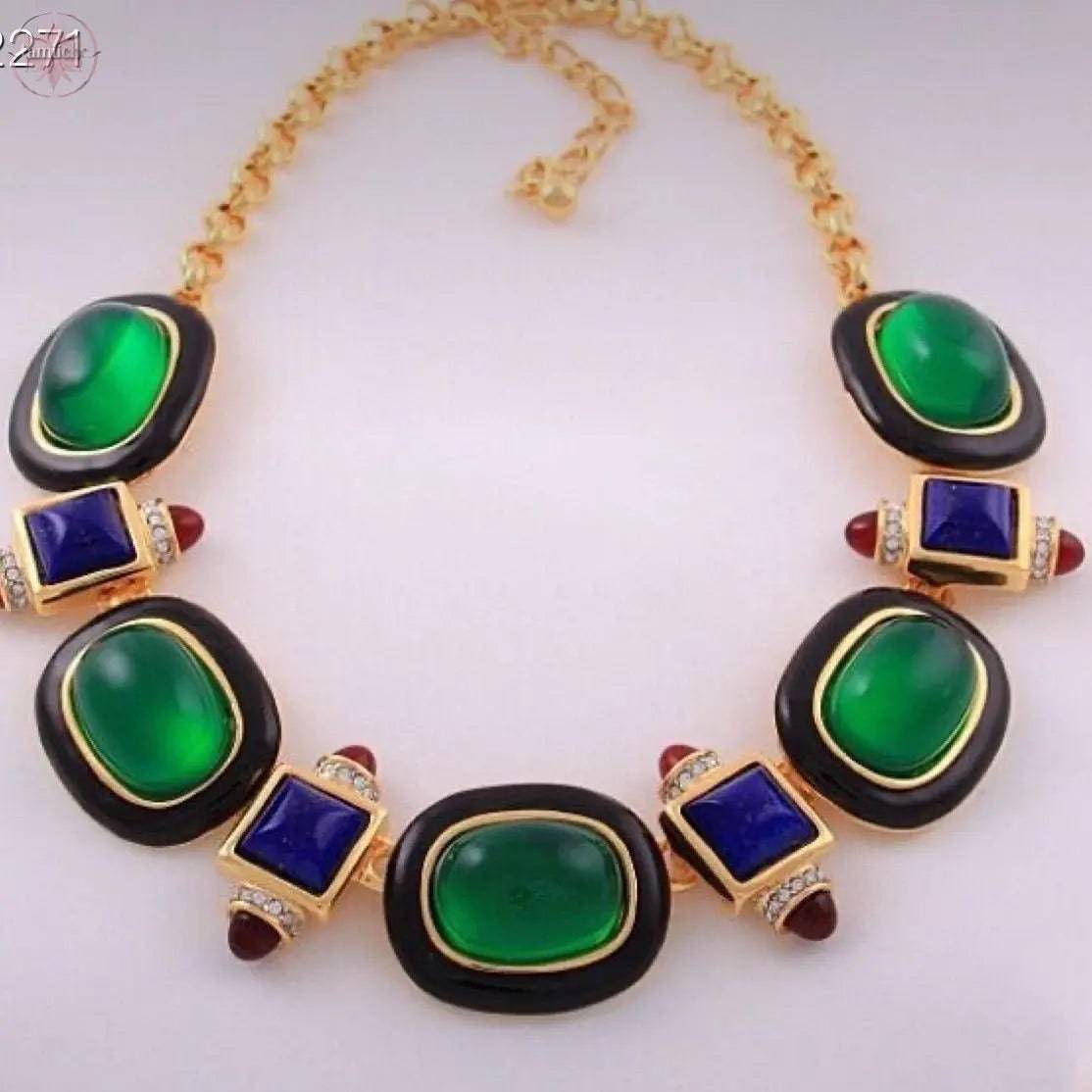 Medieval retro emerald glass exaggerated high-end niche necklace - Lamiiche