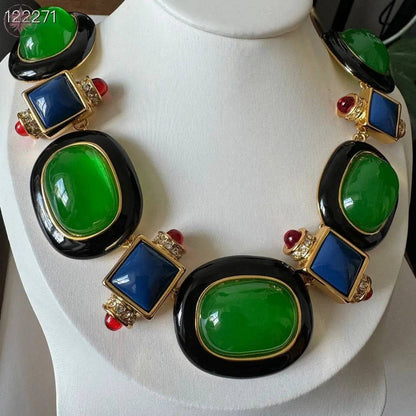 Medieval retro emerald glass exaggerated high-end niche necklace - Lamiiche