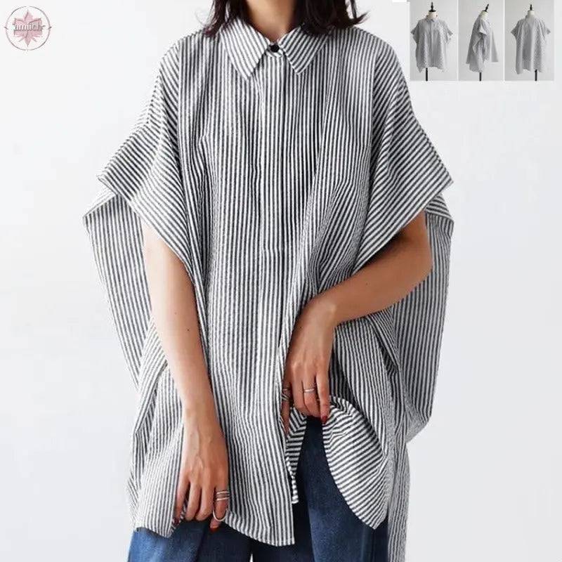 Slim designer sense plus loose bat sleeve striped shirt for women, slim and irregular top - Lamiiche