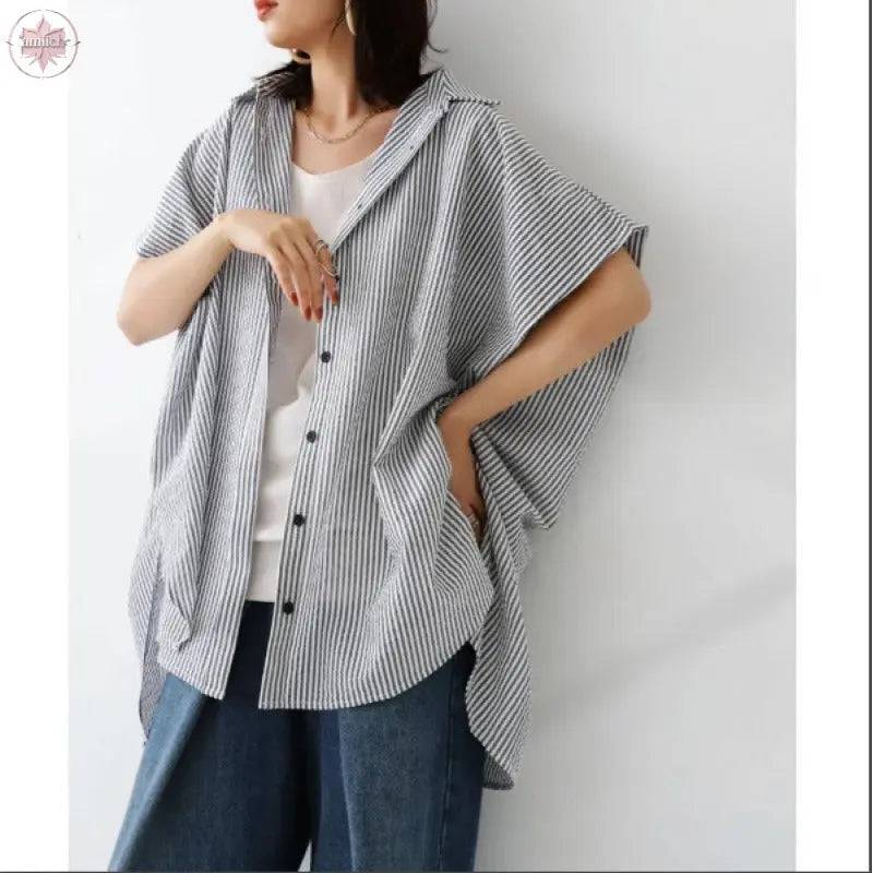 Slim designer sense plus loose bat sleeve striped shirt for women, slim and irregular top - Lamiiche