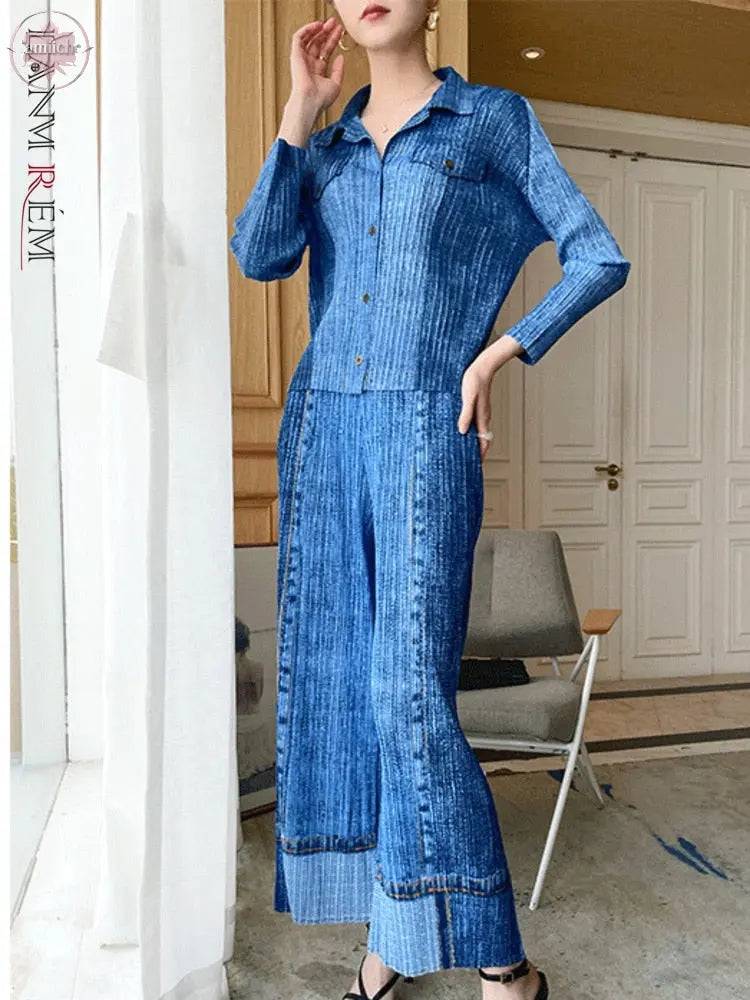 Wrinkled Denim Suit Spring Clothes New Summer Clothes Large Size Slimming Two-Piece Western Style Fashion Women - Lamiiche