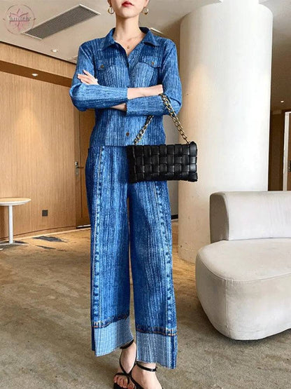 Wrinkled Denim Suit Spring Clothes New Summer Clothes Large Size Slimming Two-Piece Western Style Fashion Women - Lamiiche