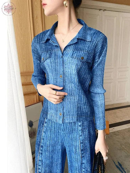 Wrinkled Denim Suit Spring Clothes New Summer Clothes Large Size Slimming Two-Piece Western Style Fashion Women - Lamiiche