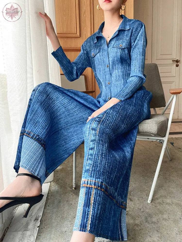 Wrinkled Denim Suit Spring Clothes New Summer Clothes Large Size Slimming Two-Piece Western Style Fashion Women - Lamiiche