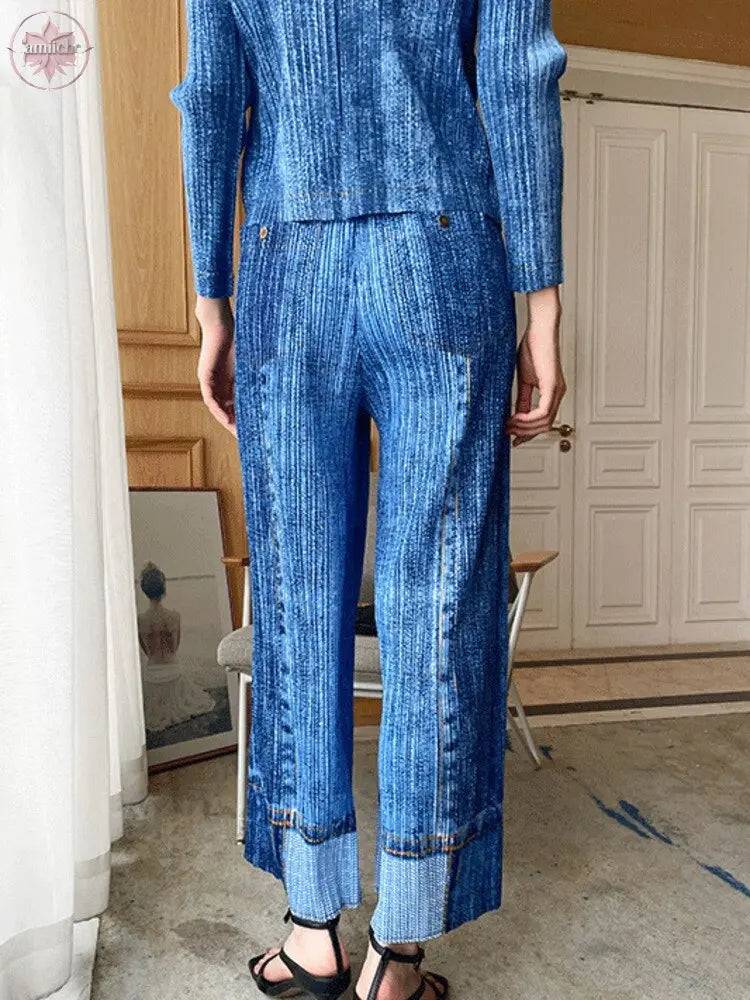 Wrinkled Denim Suit Spring Clothes New Summer Clothes Large Size Slimming Two-Piece Western Style Fashion Women - Lamiiche