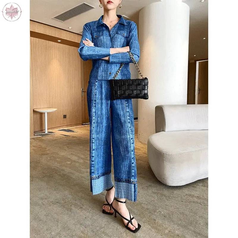 Wrinkled Denim Suit Spring Clothes New Summer Clothes Large Size Slimming Two-Piece Western Style Fashion Women - Lamiiche