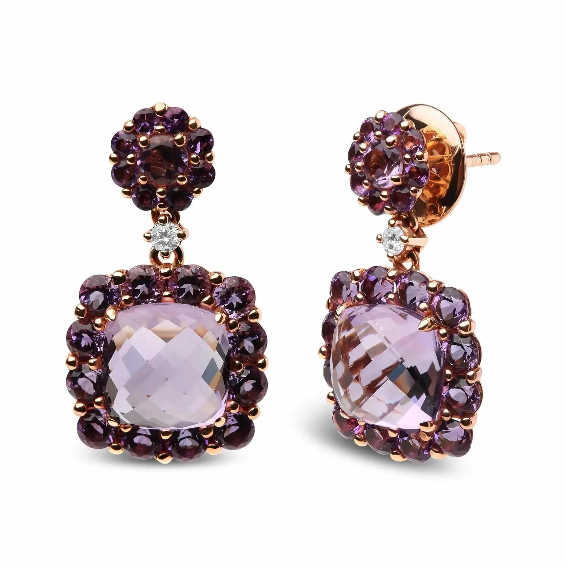 18K Rose Gold Diamond Accent and Pink and Purple Amethyst Gemstone Halo Dangle Drop Earrings (G-H Color, SI1-SI2 Clarity) - Lamiiche