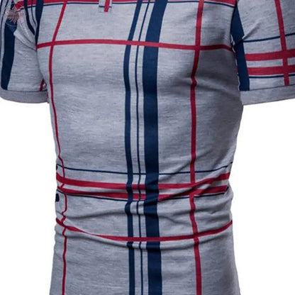 Men Casual Lattice Short Sleeve Different Frinting Grid Polo Shirt - Lamiiche