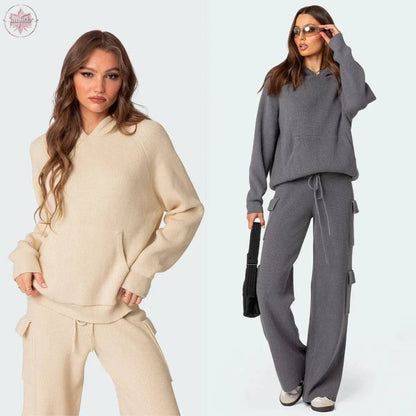 European and American Spring and Autumn Women's Fashion Hooded Sports and Leisure Sweater Knitted Set - Lamiiche