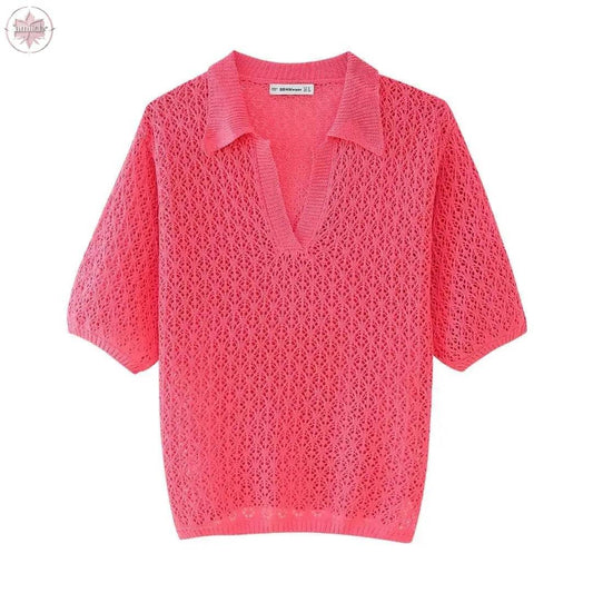 Women's Jacquard Mesh Loose Polo Knitted Shirt for Women - Lamiiche