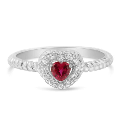 Sterling Silver 4MM Lab Created Ruby Heart and Diamond Accent Heart Ring (I-J, I2-I3) - Lamiiche