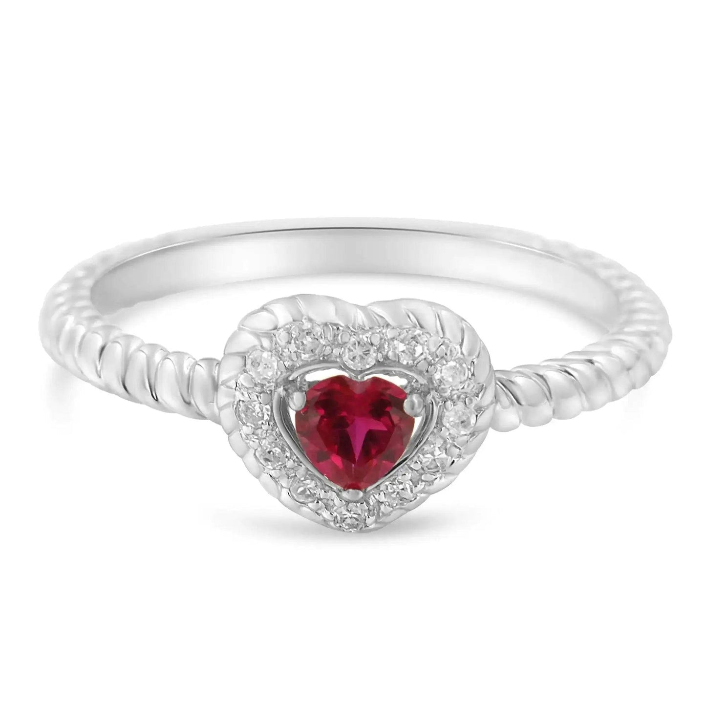 Sterling Silver 4MM Lab Created Ruby Heart and Diamond Accent Heart Ring (I-J, I2-I3) - Lamiiche