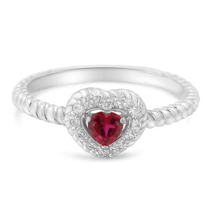 Sterling Silver 4MM Lab Created Ruby Heart and Diamond Accent Heart Ring (I-J, I2-I3) - Lamiiche