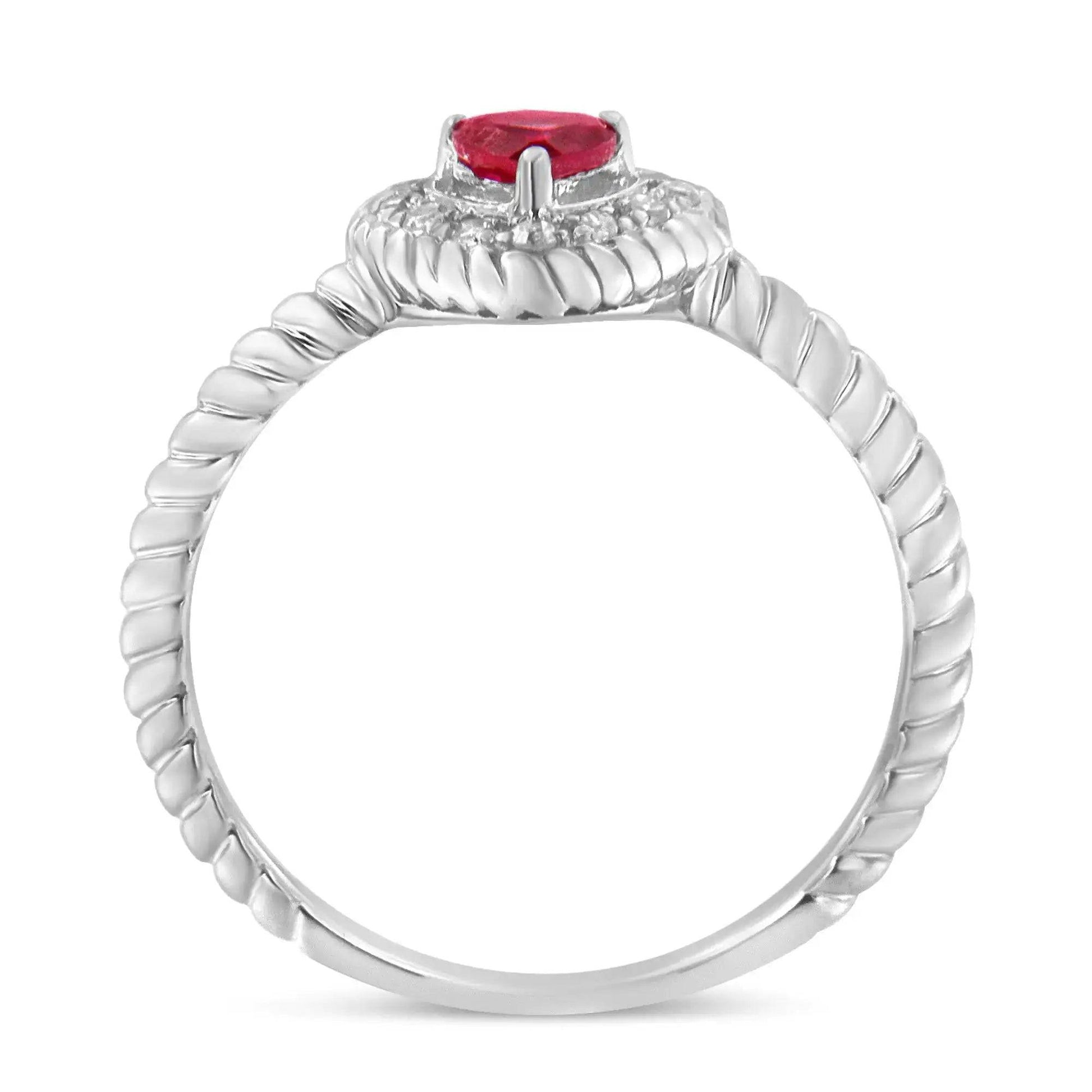 Sterling Silver 4MM Lab Created Ruby Heart and Diamond Accent Heart Ring (I-J, I2-I3) - Lamiiche