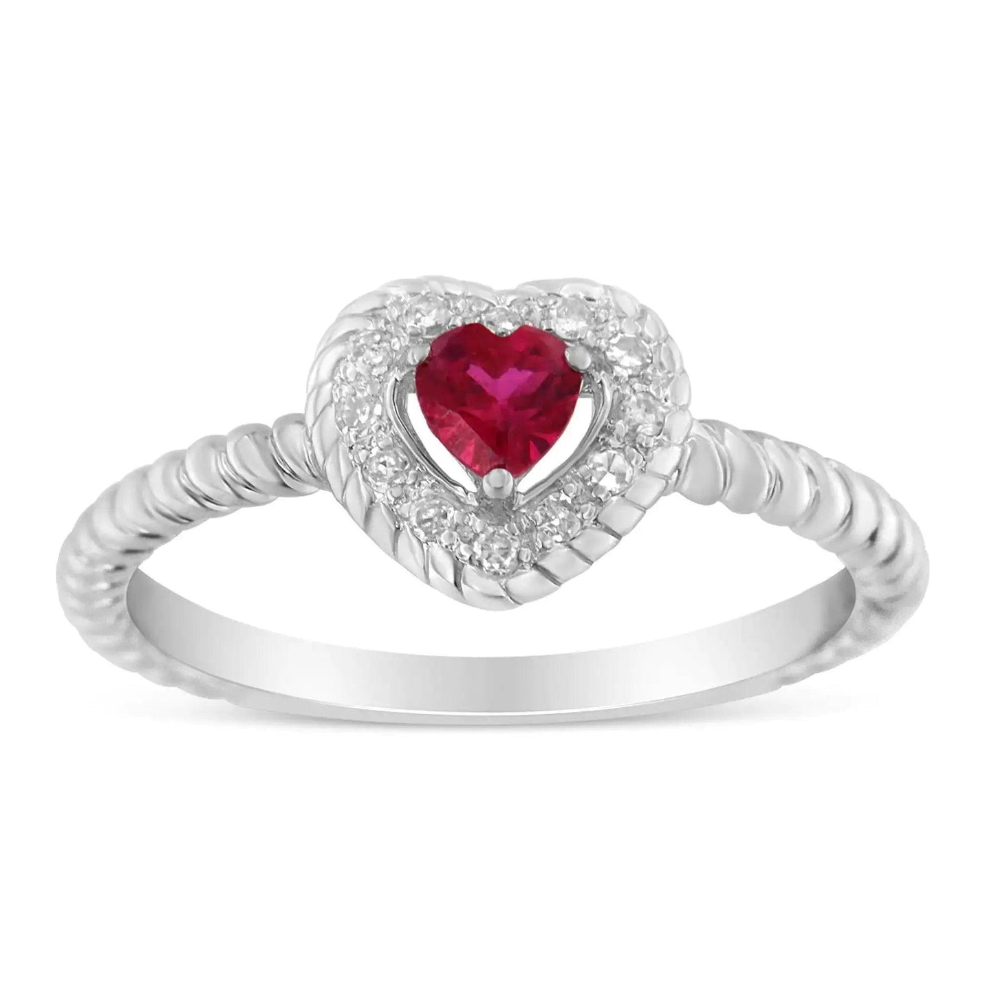 Sterling Silver 4MM Lab Created Ruby Heart and Diamond Accent Heart Ring (I-J, I2-I3) - Lamiiche