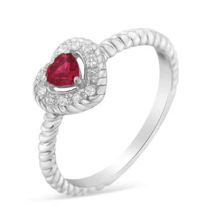 Sterling Silver 4MM Lab Created Ruby Heart and Diamond Accent Heart Ring (I-J, I2-I3) - Lamiiche