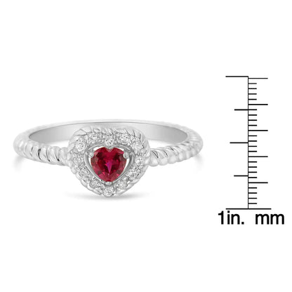 Sterling Silver 4MM Lab Created Ruby Heart and Diamond Accent Heart Ring (I-J, I2-I3) - Lamiiche