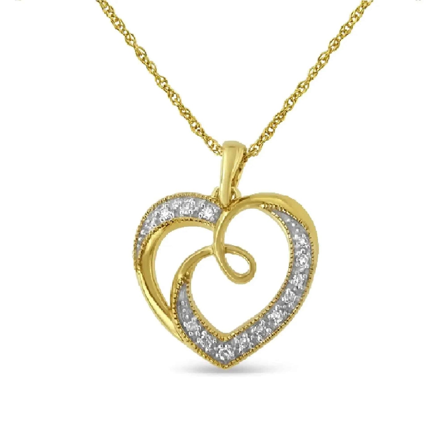 14K Yellow Gold Plated .925 Sterling Silver Diamond Accent Ribbon & Heart 18" Pendant Necklace (H-I Color, I2-I3 Clarity) - Lamiiche