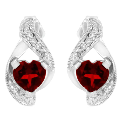 14KT White Gold 6x6mm Created Red Heart Garnet and Diamond Accent Earrings (I-J, I1-I2) - Lamiiche