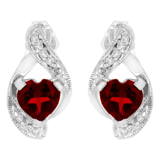 14KT White Gold 6x6mm Created Red Heart Garnet and Diamond Accent Earrings (I-J, I1-I2) - Lamiiche