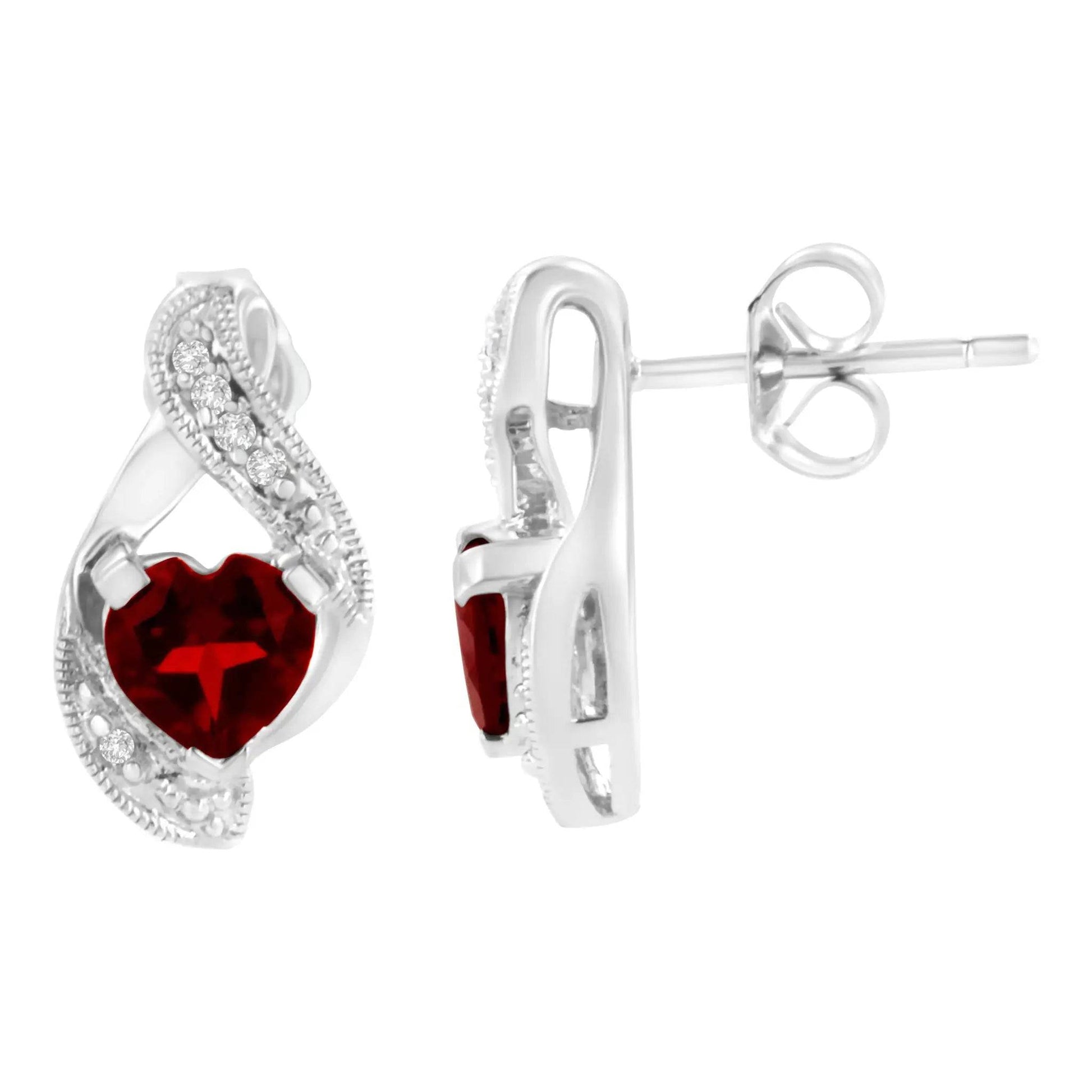 14KT White Gold 6x6mm Created Red Heart Garnet and Diamond Accent Earrings (I-J, I1-I2) - Lamiiche