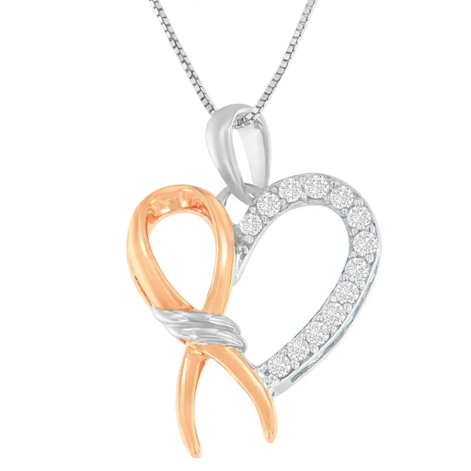 Two-Toned .925 Sterling Silver 1/5 cttw Round Cut Diamond Ribbon Heart Accent Pendant Necklace (H-I, I2-I3) - Lamiiche