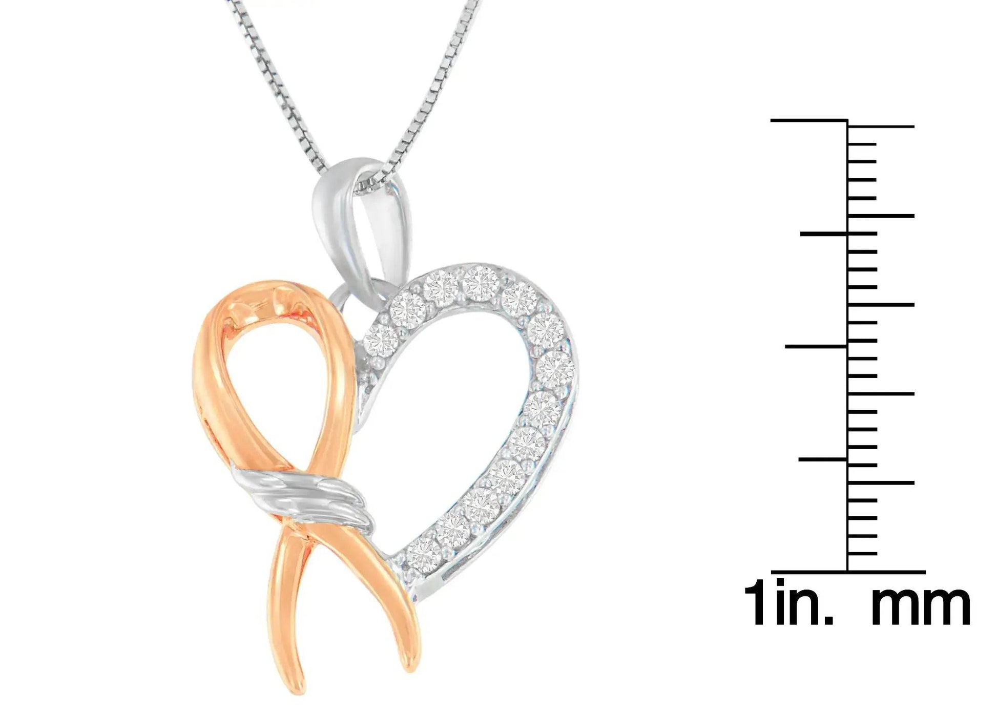 Two-Toned .925 Sterling Silver 1/5 cttw Round Cut Diamond Ribbon Heart Accent Pendant Necklace (H-I, I2-I3) - Lamiiche