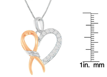 Two-Toned .925 Sterling Silver 1/5 cttw Round Cut Diamond Ribbon Heart Accent Pendant Necklace (H-I, I2-I3) - Lamiiche