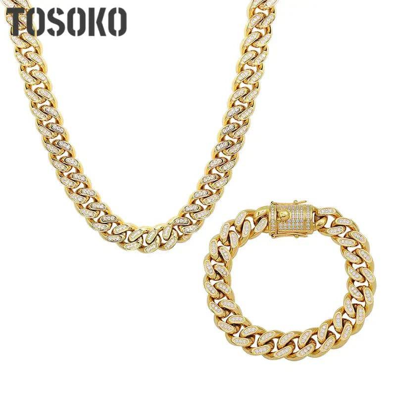 TOSOKO Stainless Steel Jewelry Winter Hip Hop Full Zircon Inlaid CUBAN CHAIN Plated 18 K Gold Necklace Bracelet Set BSP114-E028 - Lamiiche