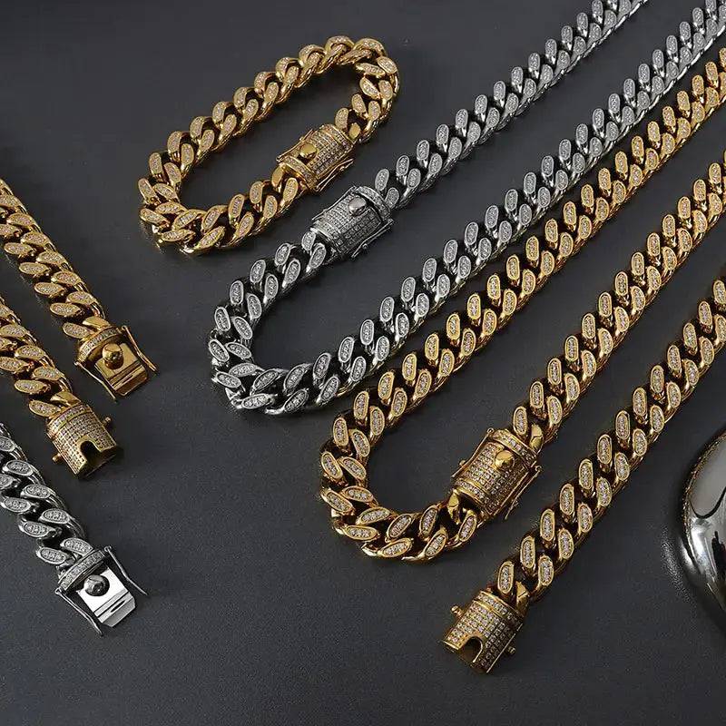 TOSOKO Stainless Steel Jewelry Winter Hip Hop Full Zircon Inlaid CUBAN CHAIN Plated 18 K Gold Necklace Bracelet Set BSP114-E028 - Lamiiche