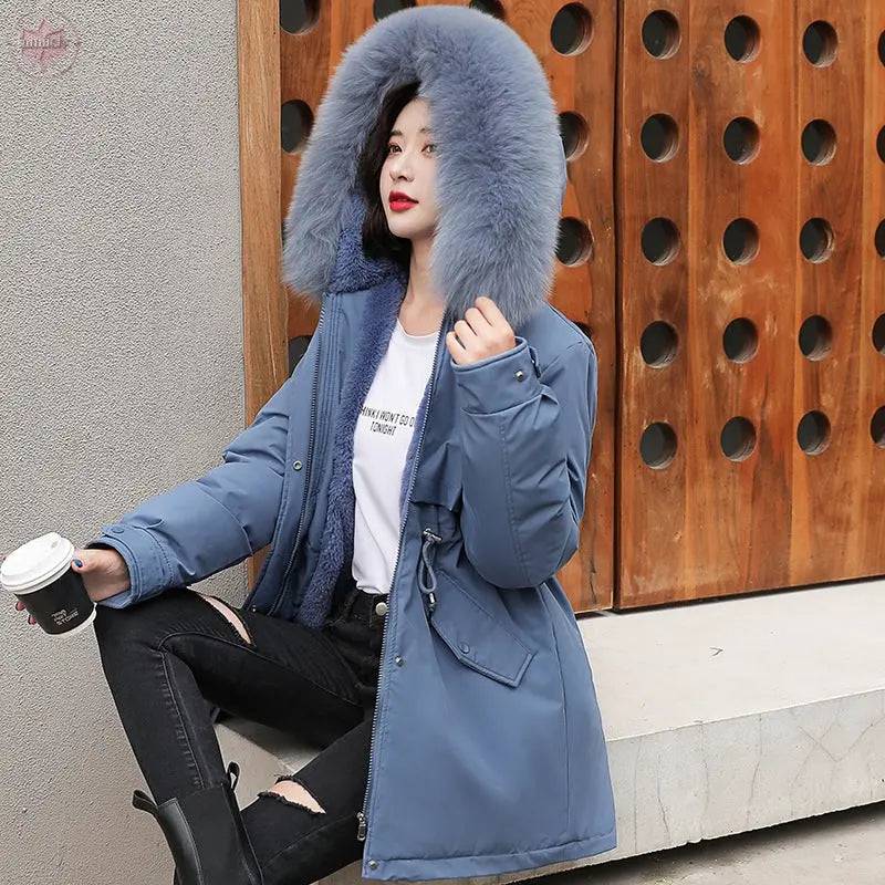 Winter Cotton Padded Clothes Women's Medium Length Loose Warm Keeping Style Overcomes Big Wool Collar Hooded Thick Cotton Padded Clothes - Lamiiche