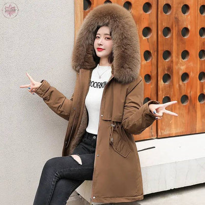 Winter Cotton Padded Clothes Women's Medium Length Loose Warm Keeping Style Overcomes Big Wool Collar Hooded Thick Cotton Padded Clothes - Lamiiche