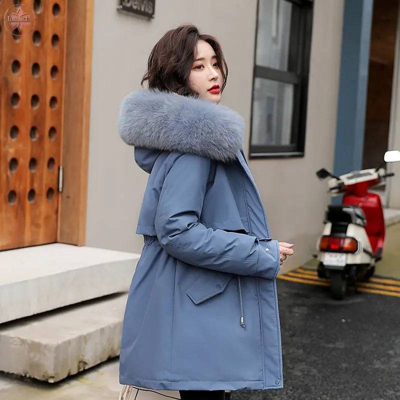 Winter Cotton Padded Clothes Women's Medium Length Loose Warm Keeping Style Overcomes Big Wool Collar Hooded Thick Cotton Padded Clothes - Lamiiche