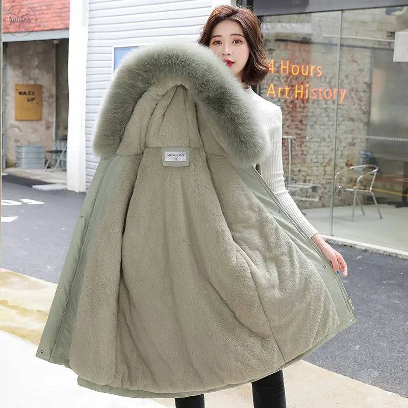 Winter Cotton Padded Clothes Women's Medium Length Loose Warm Keeping Style Overcomes Big Wool Collar Hooded Thick Cotton Padded Clothes - Lamiiche