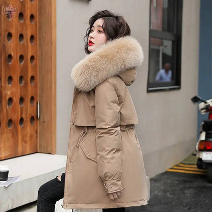 Winter Cotton Padded Clothes Women's Medium Length Loose Warm Keeping Style Overcomes Big Wool Collar Hooded Thick Cotton Padded Clothes - Lamiiche