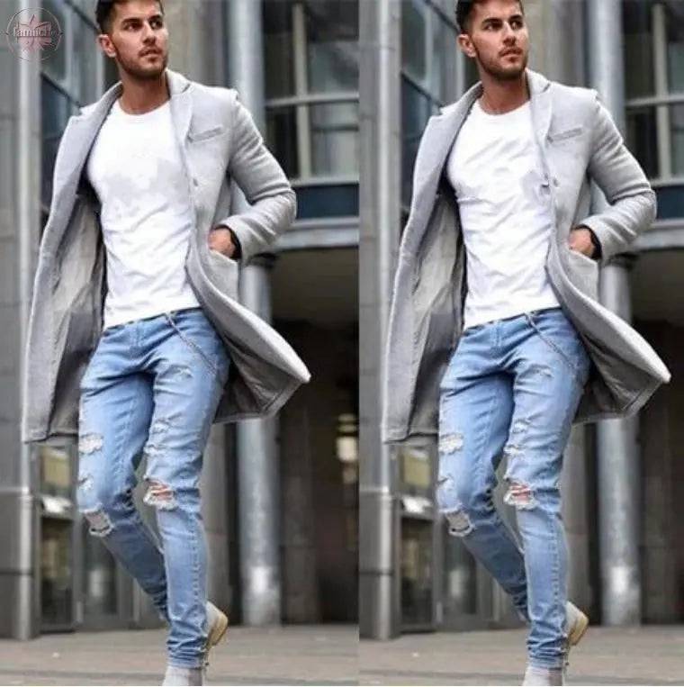 Autumn and winter fashionable men's windbreaker jacket with lapel collar and woolen medium length men's coat - Lamiiche