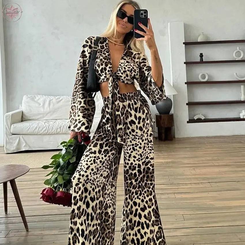 Leopard print fashion breathable loose soft long sleeve trousers summer thin women's pajamas home clothes - Lamiiche